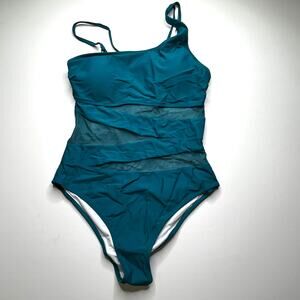 One-Shoulder Teal Mesh-Panel One-Piece Swimsuit